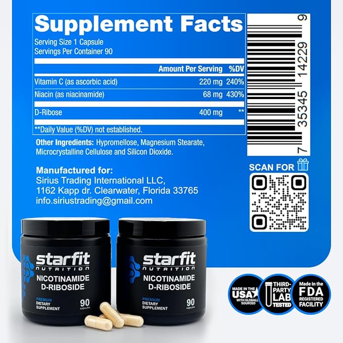 STARFIT - Nicotinamide D-Riboside (2 Pack), Booster NAD+, Energy & Focus Supplement, Anti-Aging Cellular Support, Total 180 Capsules