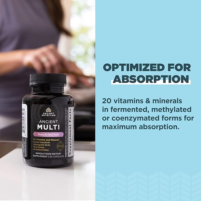 Ancient Nutrition Multivitamin for Women, Women's Once Daily Supplement, Methlyated Vitamin B, C, K2, Magnesium, Folate & Iron, Supports Bone Health, 30 Count