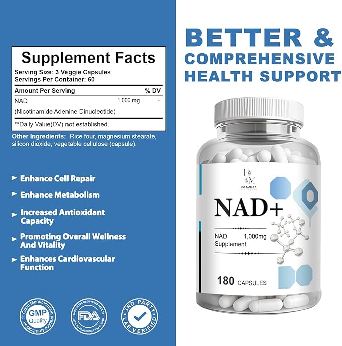 INSTAMART NAD+ Supplement 1000mg | Nicotinamide Riboside & Resveratrol | Nicotinamide NAD Supplement – 180 Veggie Capsules, Non GMO