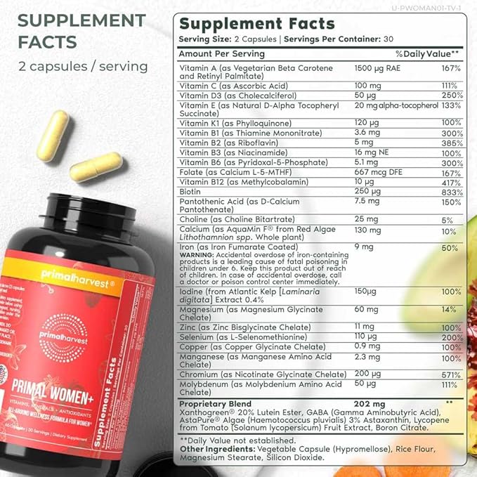 Primal Harvest Multivitamin for Women Vitamin A, Vitamin C, Vitamin D and E, Vitamin B12, B6, Biotin, Zinc Supplements, 60 Capsules (Womens 2 Pack)