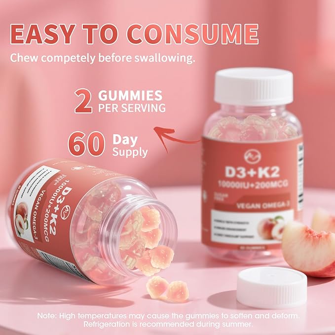 Vitamin D3 K2 Gummies, Vitamin D3 10000IU, K2 (MK-7) 200mcg, 6-in-1 Vitamina D3 Con K2 Supplement with Omega-3, Magnesium, Calcium and Zinc for Bones, Teeth & Immune Support, Sugar Free, 2 Packs