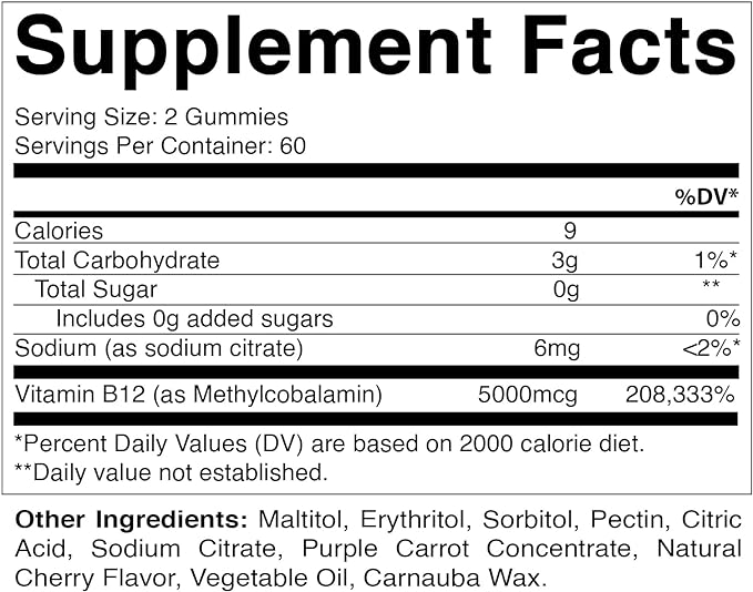 Vitamatic Extra Strength Vitamin B12 5000 mcg (Methyl B12) Gummies - 120 Count - Energy Metabolism Support and Nervous System Health Support, Natural Cherry Flavored (1)