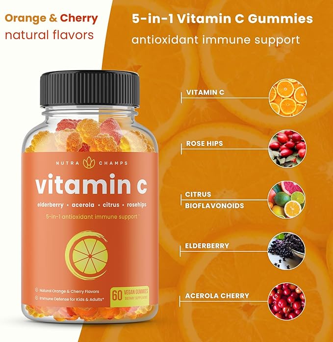 NutraChamps Vitamin C Gummies for Adults & Kids, 5-in-1 Immune System Support with Elderberry, Rosehips, Citrus Bioflavonoids & Acerola Cherry, Immunity Booster Supplement (Pack of 2)