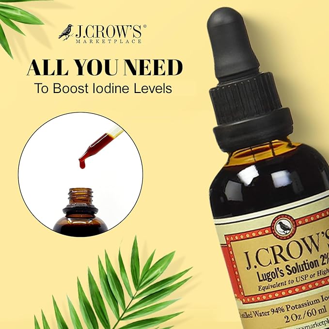 J.CROW'S® Lugol's Solution of Iodine 2% 2 oz (6 Bottles) – Premium Potassium Iodide Liquid, Supports Thyroid & Energy, Gluten &, Alcohol-Free Natural Brine Extract, No Expiration