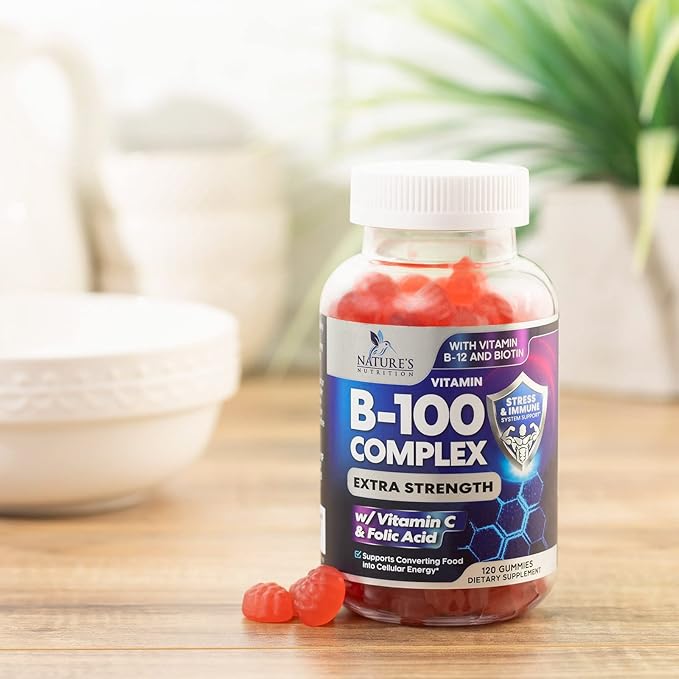 B Complex Gummies with Vitamin C & Folic Acid, Extra Strength Super Vitamin B Gummies Supplement with Niacin, B6, Folic Acid, B12, Biotin, Nature's Energy Immune Support Supplements - 120 Gummies
