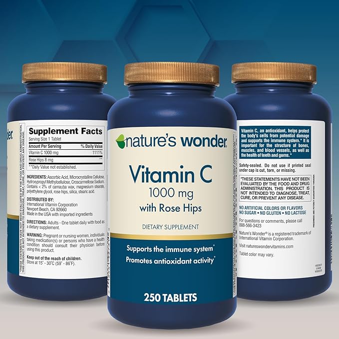 Nature's Wonder Vitamin C 1000 mg with Rose Hips Tablets for Immune Health, 250 Servings, 250 count