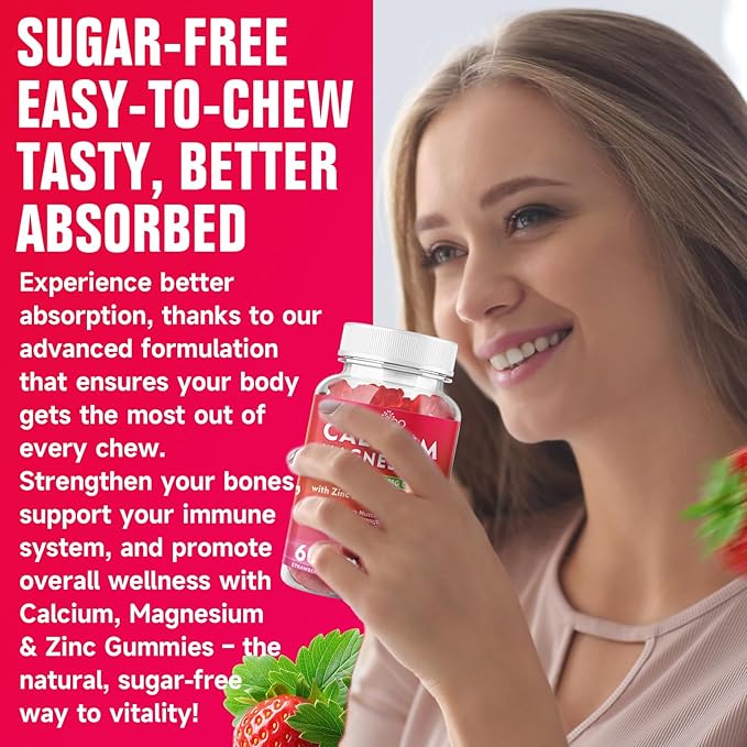Calcium Gummies 1000mg with Vitamin D3 K2 & B Complex, Potassium, Calcium Magnesium Zinc Gummies for Bone, Muscle, Mood and Immunity - Vegan, Non-GMO, Strawberry Flavor 60 Count