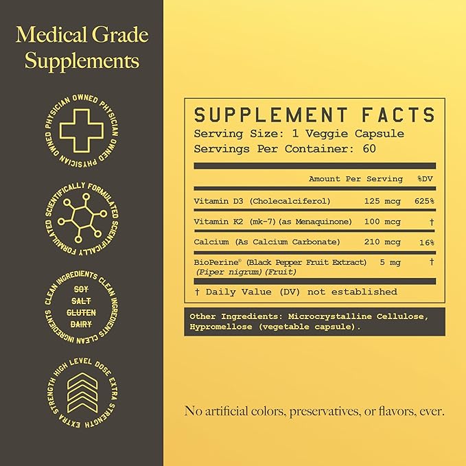 High Level K2D3, Vitamin K2 & D3 Supplement with BioPerine Black Pepper, Dual Action Complex for Heart, Bone, Immune Support, 5000 IU D3, 100 mcg K2, Vegetarian, 60 Veggie Capsules