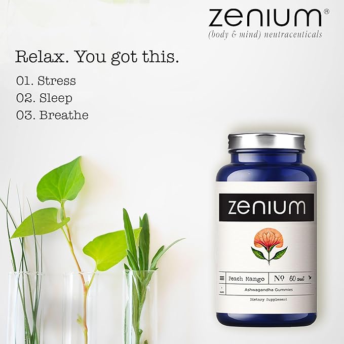 Zenium - Relieve Stress, Tension, Worry, Nervousness, & Irritability | Calm The Mind & Body | Ayurvedic | Natural Relief Supplement | Boosts Mood | Ashwagandha Gummies (Mango) | 60 Count