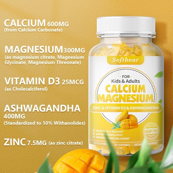 softbear Calcium Magnesium Zinc Gummies for Women, High Absorption Calcium Magnesium Supplement Chewable Calcium 600 mg for Bone Strength Vegan Mango Flavor 60 Gummies