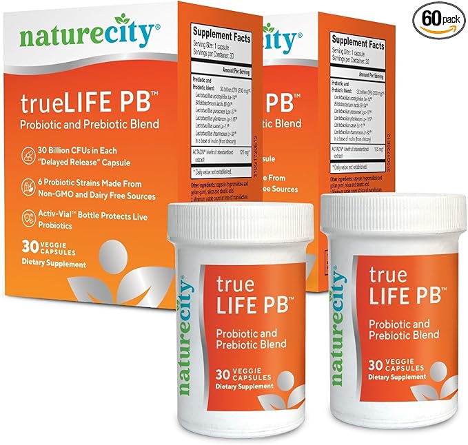 NatureCity True-Life-PB Shelf Stable Blend Prebiotics and Probiotics for Women and Men - Digestive Gut Health Supplements for Women and Men - Dairy Free - (60 Veggie Capsules)
