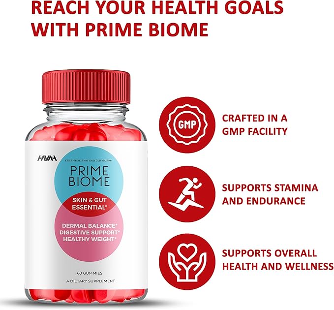 Prime Biome Gummies PrimeBiome Skin & Gut Support Gummy Formula, PrimeBiome Overall Health & Wellness Vitamin B12 B6 Folic Acid Support Supplement, Prime Biome Advanced Supplement Formula (60 Gummies)