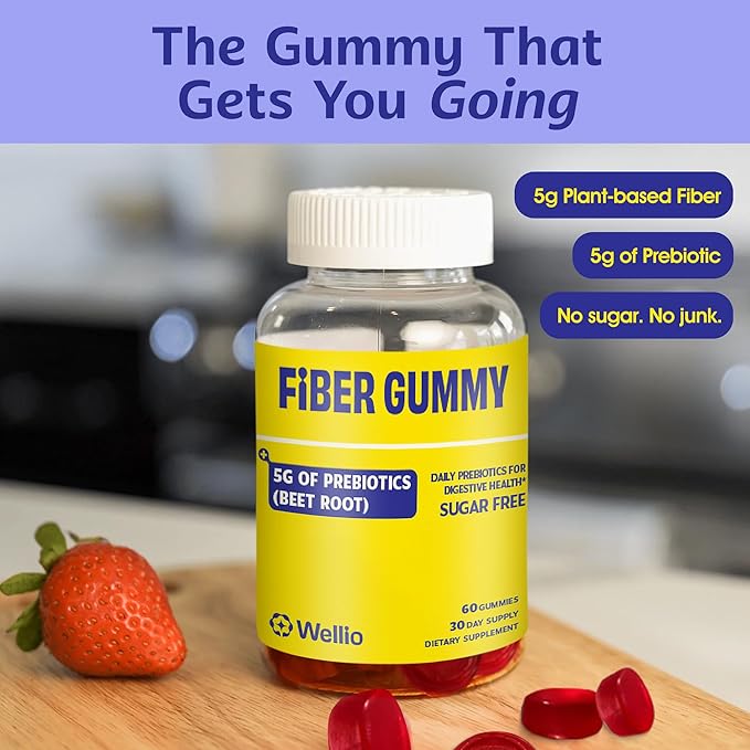 Fiber Gummy, Sugar Free, 5g Prebiotic Fiber, FOS (Fructo-oligosaccharides), for Digestive & GLP-1 Support, Non-Stick & Natural Fruit Flavored, 60ct, 1 Month Supply - Made in USA