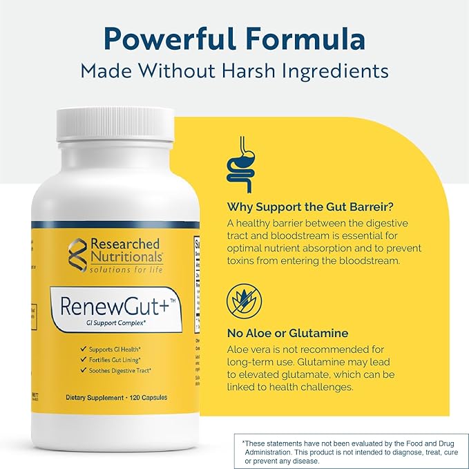Researched Nutritionals RenewGut - GI Complex to Support Gut Lining, Healthy Histamine Levels & Digestive Health - Collagen Peptides, Zinc Carnosine, DGL & N Acetyl Glucosamine (120 Capsules)