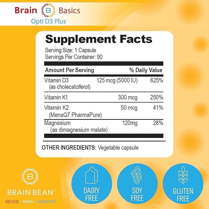 Brain Basic Opti D3 Plus - Vitamin D3 5000 IU with K1, K2, and Magnesium - Brain Support Supplement for Mood, Mind, Memory - Bone, Muscle, and Immune Health - Gluten Free, Soy Free, and Dairy Free