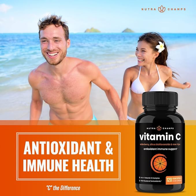 NutraChamps Vitamin C 1000mg with Rose HIPS, Vitamin C Supplement with Elderberry & Citrus Bioflavonoids, Kids Immune Boosting Supplement, 500mg Vitamin C Capsules Pill