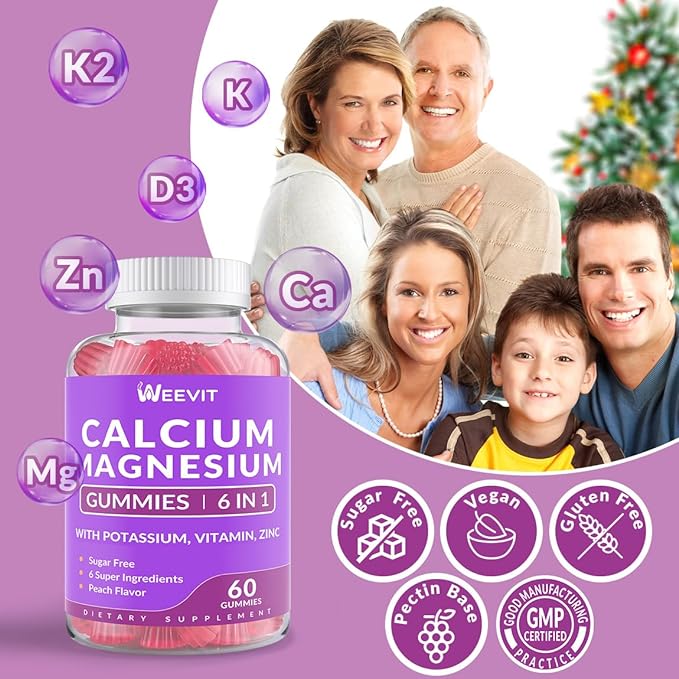 Sugar Free Calcium Gummies w/Vitamin D3 K2, Calcium Magnesium Zinc Gummies for Bone, Muscle & Immune, Algae CA Magnesium 2:1 Ratio Calcium Supplement for Women & Men - Vegan