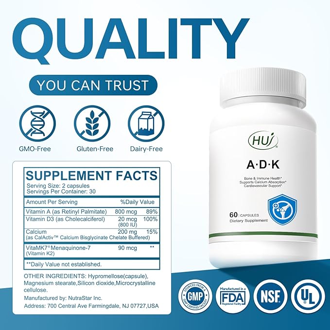 HUJ ADK Supplement, 60 Capsules, Calcium, Vitamins A, D3, K2 (MK-7)