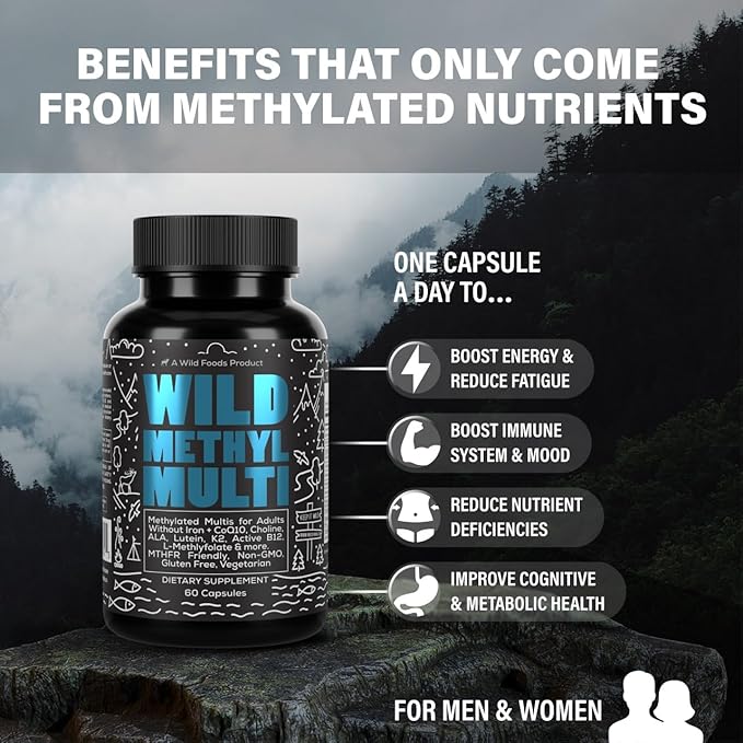Wild Methylated Multivitamin for Women & Men | Daily Multi Vitamin | MTHFR Supplement Without Iron | Methylated B12, Folate, Vitamin C, A, K2, D, E, Choline, Biotin, ALA, CoQ10 & More (Pack of Two)