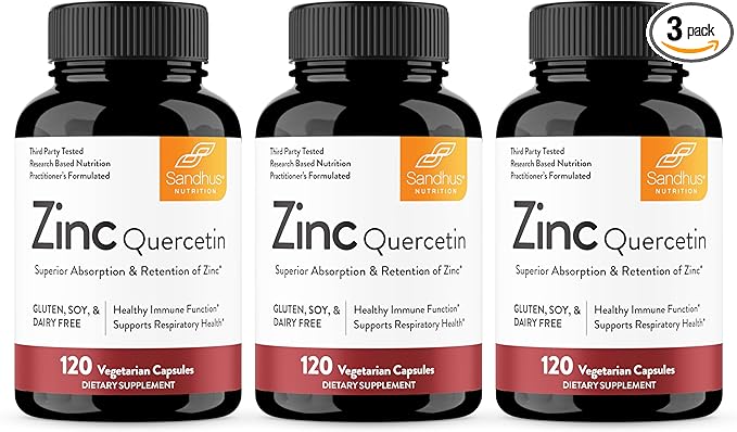 Sandhu's Zinc Quercetin 120 Vegetarian Capsules (Pack of 3) | Zinc Supplements for Antioxidant Immune Support for Men and Women | Gluten, Soy, Dairy Free