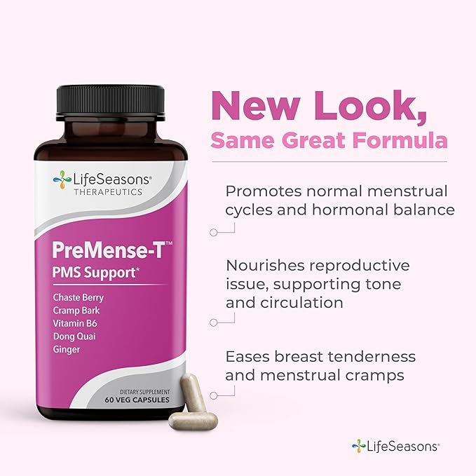 LifeSeasons - PreMense-T - PMS Relief Supplement - Support for Pre-Menstrual Symptoms, Cramping & Breast Tenderness - Nourish Tissue - Ginger Crampbark Dong Quai Chasteberry & Vitamin B6-60 Capsules