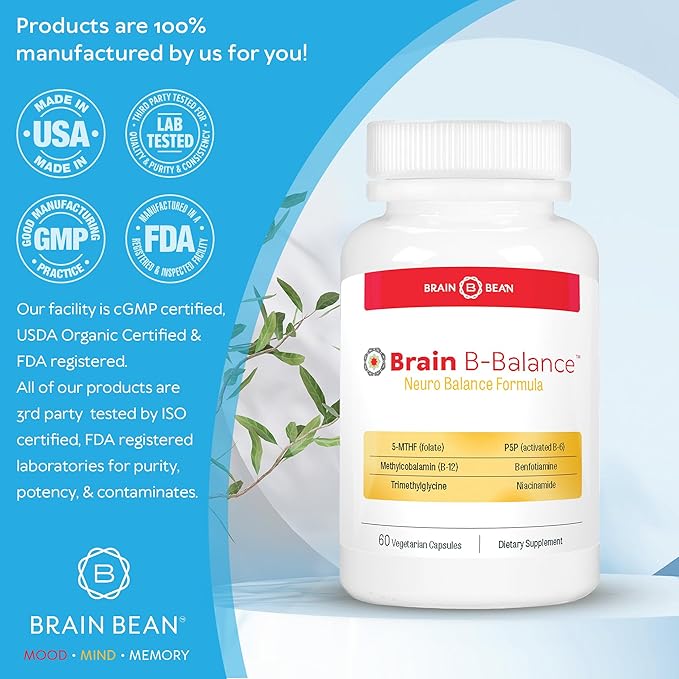 Brain B Balance: Methylated Multivitamin - Methylated B Complex Neurobalance Formula - Methylfolate Supports Mood.Mind.Memory - 60 Vegan Capsules