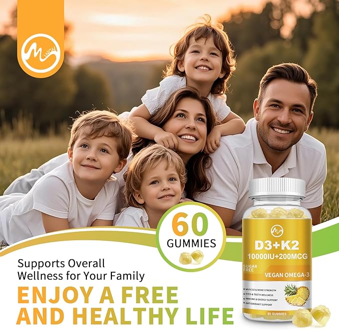 Vitamin D3 K2 Gummies, Vitamin D3 10000IU, K2 (MK-7) 200mcg, 6-in-1 Vitamina D3 Con K2 Supplement with Omega-3, Magnesium, Calcium and Zinc for Bones, Teeth & Immune Support, Sugar Free, 1 Pack