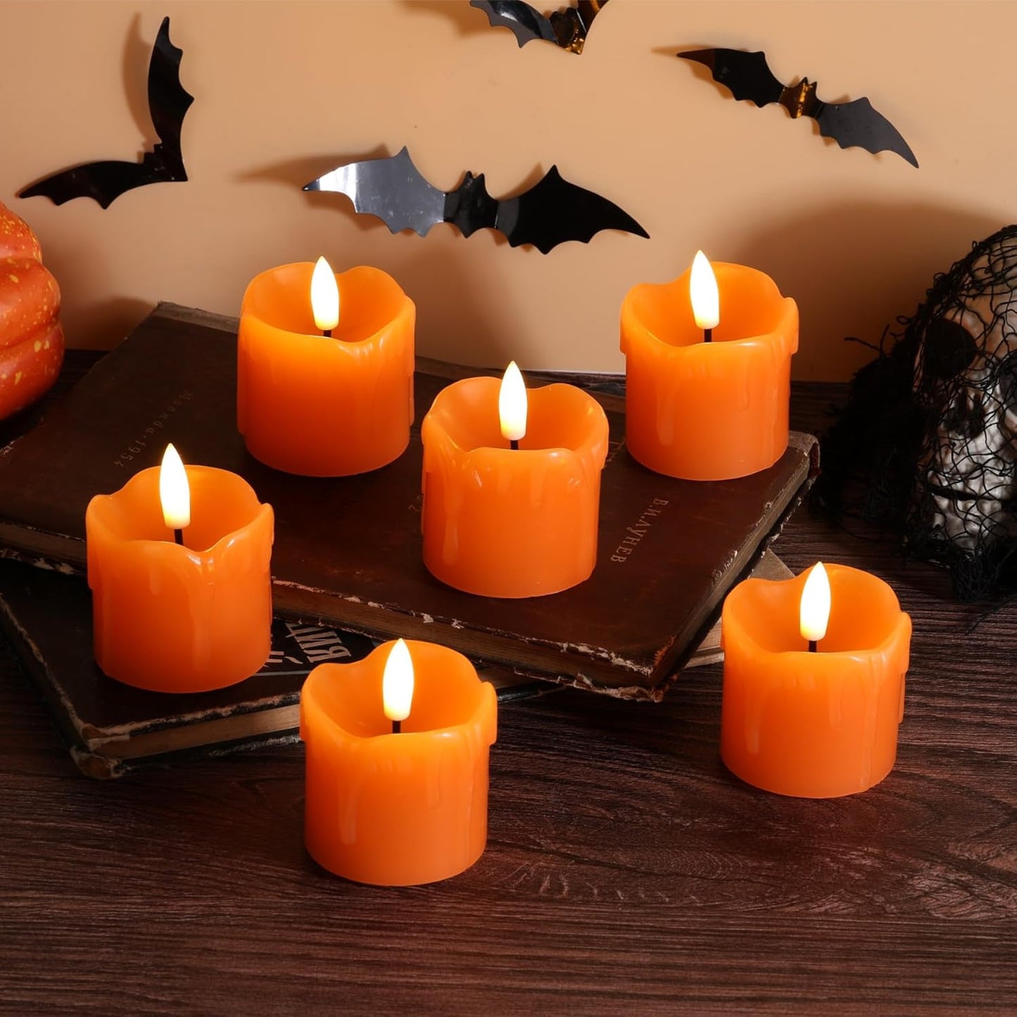 Eywamage Orange Flameless Votive Candles with Remote Batteries, Dripping Wax Halloween Fall LED Candles Set of 6 Φ 2" H 2"