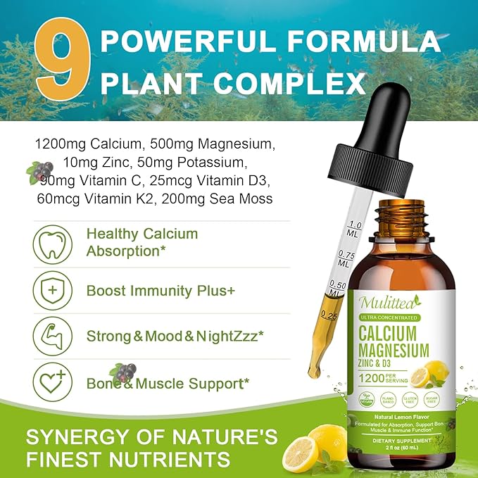 Calcium Magnesium Zinc Liquid with Vitamin D3, Magnesium Glycinate Plus Vitamin C K2| High Absorption Plant Calcium Supplement for Heart & Bone| Gluten Free,Sugar-Free | 30 Servings | Lemon Flavor