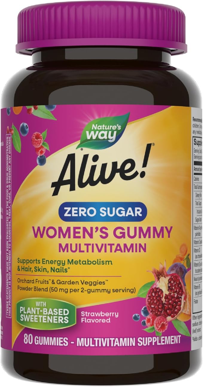 Nature's Way Alive! Zero Sugar Women's Gummy Multivitamins, Energy Metabolism*, Hair, Skin, Nails*, B-Vitamins, No Sugar Alcohols, Plant-Based Sweeteners, Strawberry Flavored, 80 Gummies