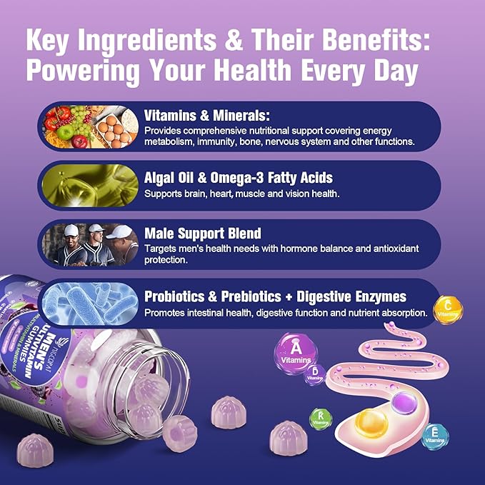 2-Pack Multivitamin for Men, Mens Multivitamins Gummies w/Omega-3, Probiotics, Inositol, Folate, Male Support Blend, Vitamins A, C, D, E, B - Support Heart, Brain, Muscle, Energy, Sugar-Free Gummy
