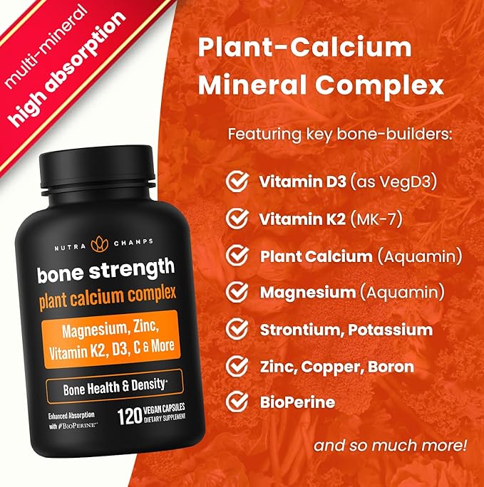 Calcium Supplement for Bone Strength | Plant Calcium Citrate + Vitamin D3, K2, Magnesium, Zinc, Potassium, Boron & Strontium | Premium Extra Strength Bone Health & Density Complex | 120 Vegan Capsules