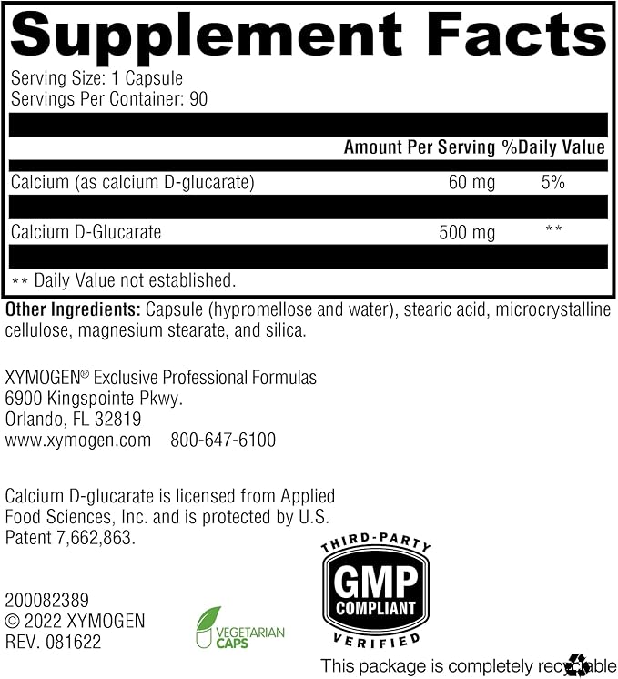 XYMOGEN Calcium D-Glucarate 500mg - Supplement to Support Healthy Detox of Fat-Soluble Toxins, Hormones Like Estrogen + Androgens (90 Capsules)
