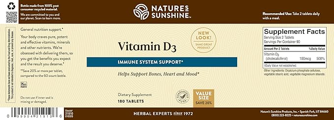Nature's Sunshine Vitamin D3, 180 Tablets | Supports Bone Health, Contributes to Overall Health, and May Improve Mood
