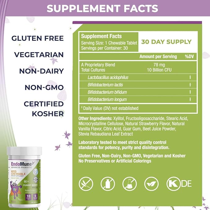 EndoMune Jr Advanced Kids Probiotic and Prebiotic | 10 Billion CFUs | 4 Strains Bacteria and FOS Prebiotic | Physician Formulated | 30 Chewable Tablets