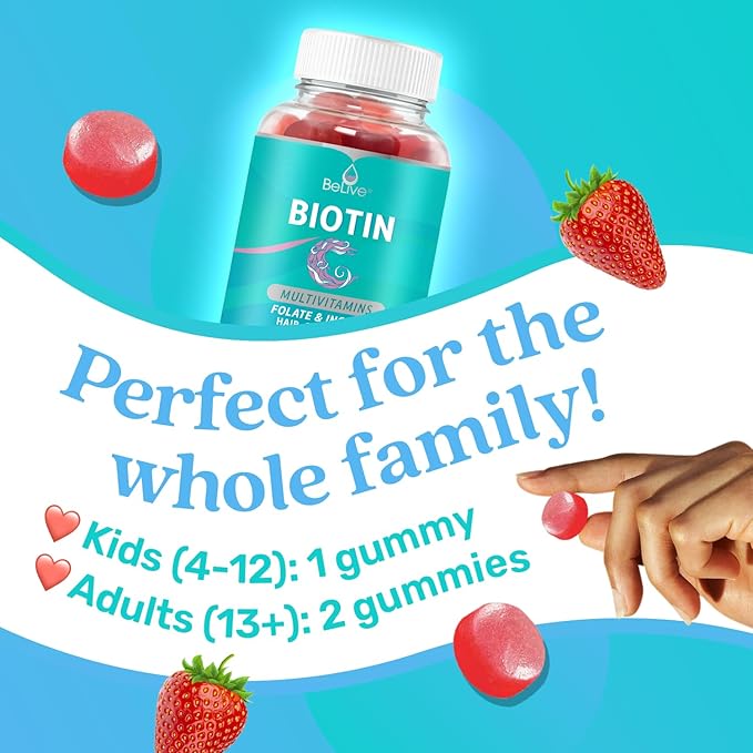 BeLive Biotin Gummies with MultiVitamins, Folate, Inositol – Supports Hair Growth, Healthy Skin & Nails – Vegan, Pectin Based – Strawberry Flavor (2)