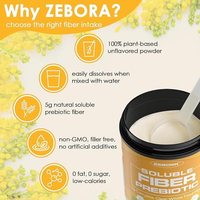 ZEBORA Fiber Supplement Powder, Soluble Prebiotic Fiber Powder Unflavored with Acacia for Digestive Health, Regularity and Hunger Control No Sugar Added, No Grit, Gluten Free, 70 Servings
