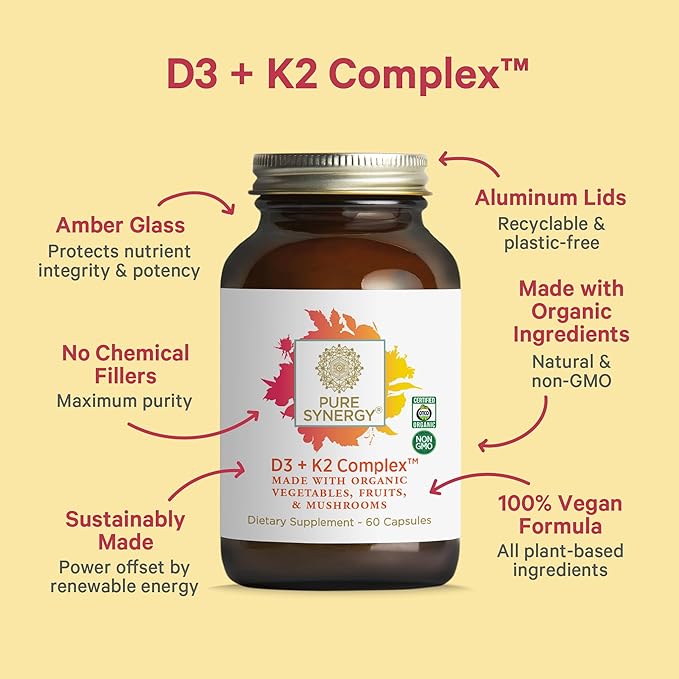 PURE SYNERGY D3 + K2 Complex | Vegan Vitamin D3 K2 Complex | Organic D3 Supplement with Vitamin K2 and K1 Plus Organic Whole Foods | Supports Bone, Brain, and Immune Health (60 Capsules)