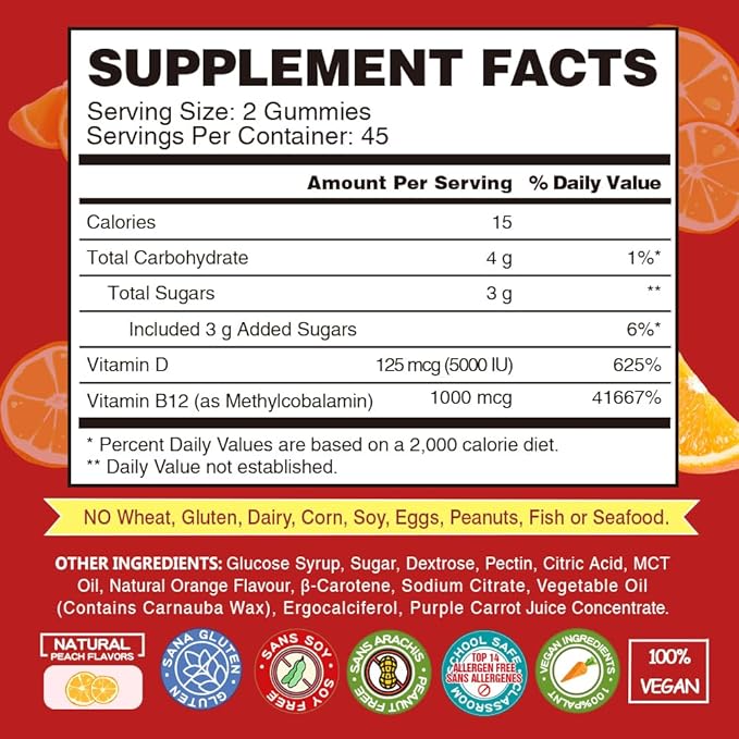 Vegan Vitamin B12 Gummies with Vitamin D - 90 Count I 1000 MCG Methyl B12 & 5000 IU D3 Gummy Chewable Supplements for Adults & Kids - Supports Immune Health & Daily Energy Boost - Non-GMO, Orange