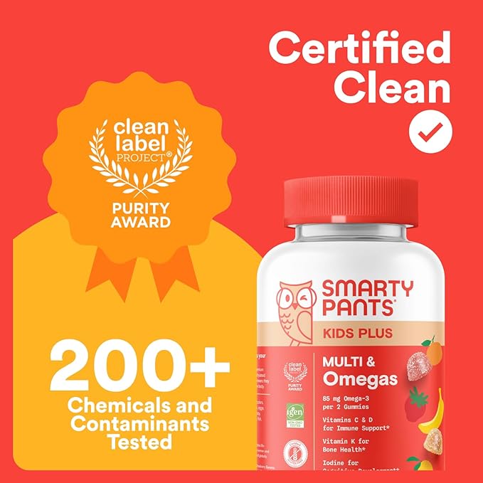 SmartyPants Kids Multivitamin Gummies - Improved Formula: Omega 3 (DHA/EPA), Vitamins D3, C, B12, B6, Vitamin A, K & Zinc, Gluten Free, Three Fruit Flavors, 60 Count (30 Day Supply)