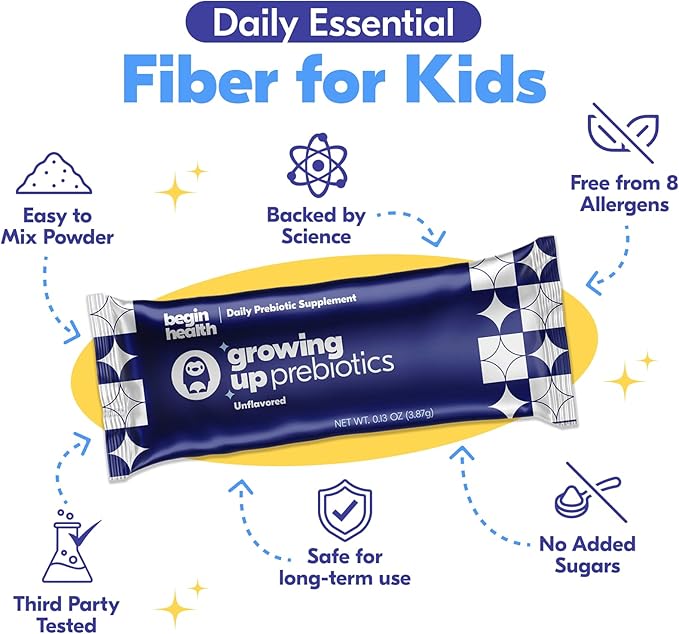 Begin Health Growing Up Prebiotics for Kids 28-Packs | Prebiotic Soluble Powder Stool Softeners and Digestive Gut Health Supplement | Ideal to Mix with Kids Daily Beverages and Soft Foods - Unflavored