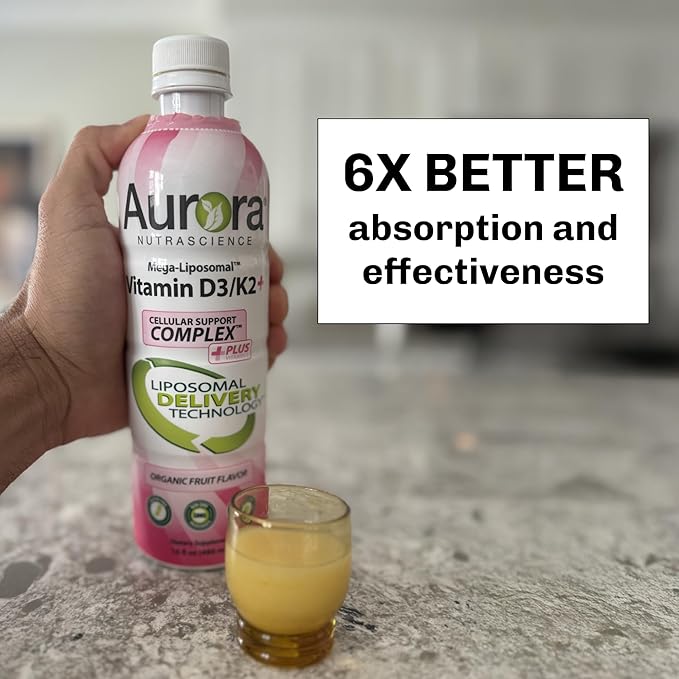 Aurora Nutrascience Mega-Liposomal Vitamin D3/K2+ with Vitamin C for Cognitive Health, Organic, Gluten Free, Non GMO, Strawberry Flavor, 32 Servings 16 fl oz