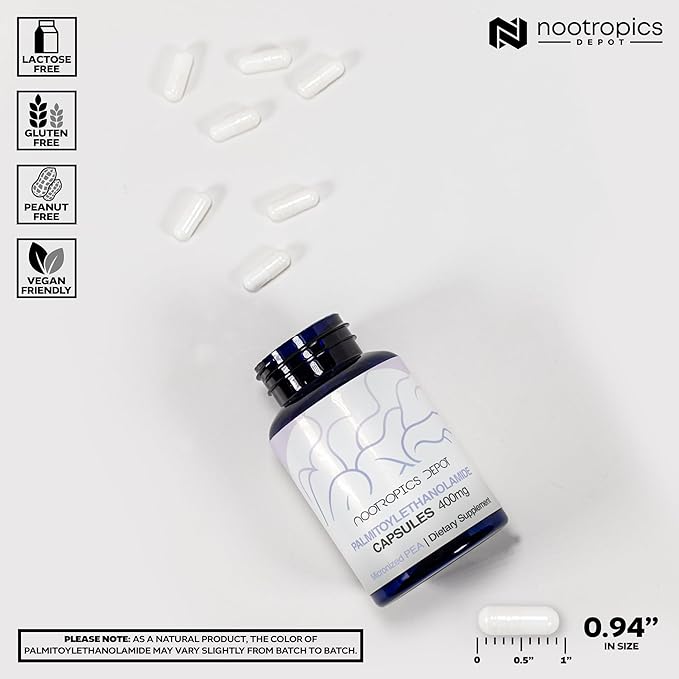 Nootropics Depot Palmitoylethanolamide Capsules | Pea | 400mg Pills | 180 Count | Provides Discomfort Support | Promotes Healthy Joint Function