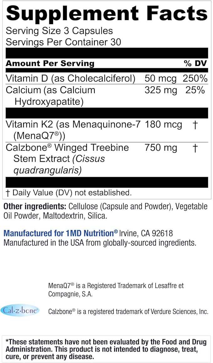 1MD Nutrition OsteoMD for Comprehensive Support - Supplement for Women and Men - Promote Density w/Vitamin D - Hydroxyapatite w/Vitamin D3 & K2-90 Capsules