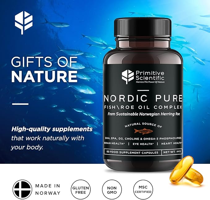 Nordic Pure Fish Roe Oil Complex (60 Fish Oil Capsules) for Brain, Immunity & Vision - Heart Supplement w/EPA, DHA, Vitamin D3, Choline - Fish Oil Omega 3 Supplements