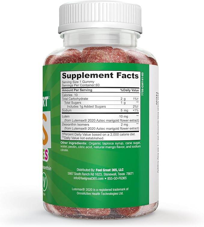Feel Great Kids Gummy Vitamins for Eyes | Essential Eye Vitamins Lutein and Zeaxanthin | Mango Flavored Vegan Eye Vitamins for Kids | Gluten Free | 60 Day Supply