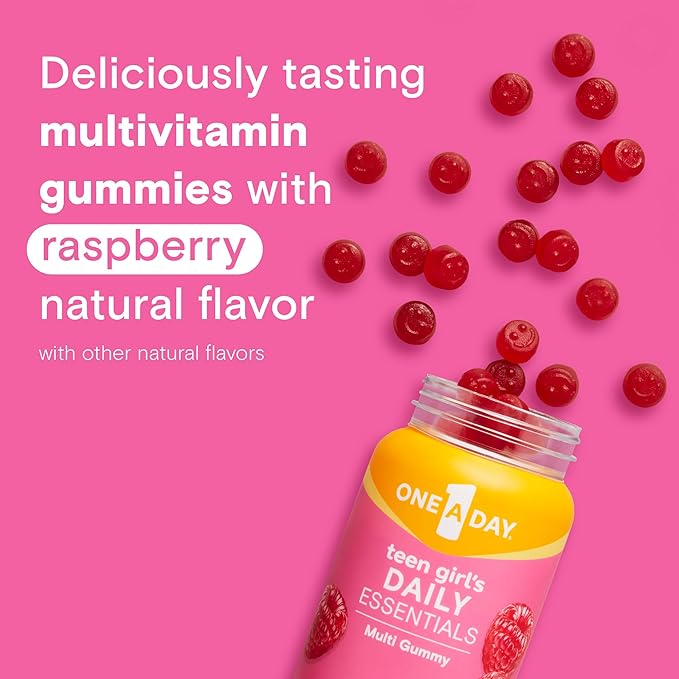 One A Day Teen Girl’s Daily Essentials Multivitamin Gummies, Teen Girl Multivitamins with Biotin, Vitamin B12 and B6, Vitamin C, Raspberry Natural Flavor, 120 Gummies