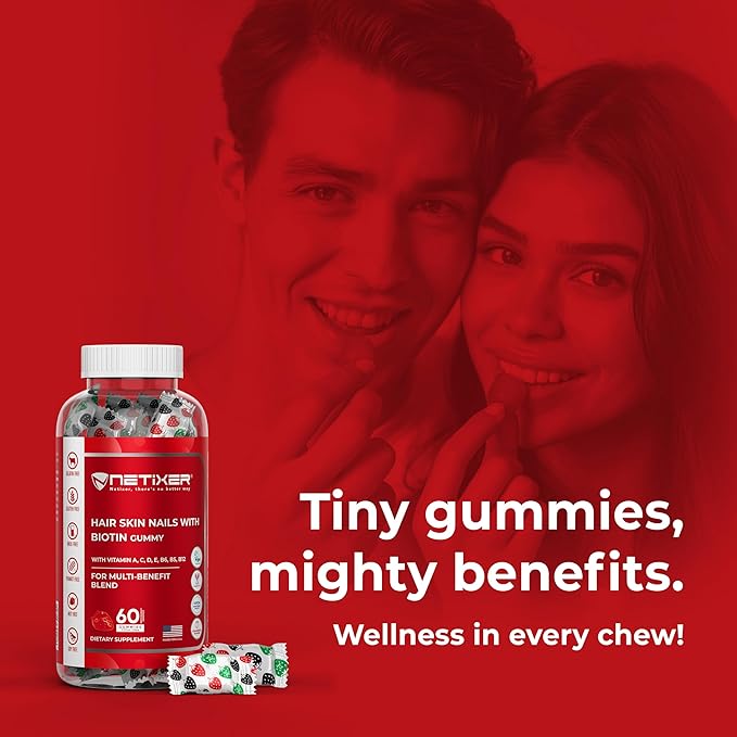 Hair Skin Nails Gummies with 5000 MCG Biotin, Vitamin A C D E B6 B12, Multi-Benefit Supplement for Women & Men, 60 Count, Individually Wrapped, Strawberry Flavour