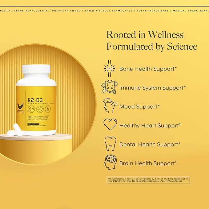 High Level K2D3, Vitamin K2 & D3 Supplement with BioPerine Black Pepper, Dual Action Complex for Heart, Bone, Immune Support, 5000 IU D3, 100 mcg K2, Vegetarian, 60 Veggie Capsules