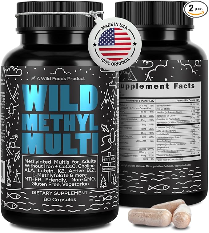 Wild Methylated Multivitamin for Women & Men | Daily Multi Vitamin | MTHFR Supplement Without Iron | Methylated B12, Folate, Vitamin C, A, K2, D, E, Choline, Biotin, ALA, CoQ10 & More (Pack of Two)